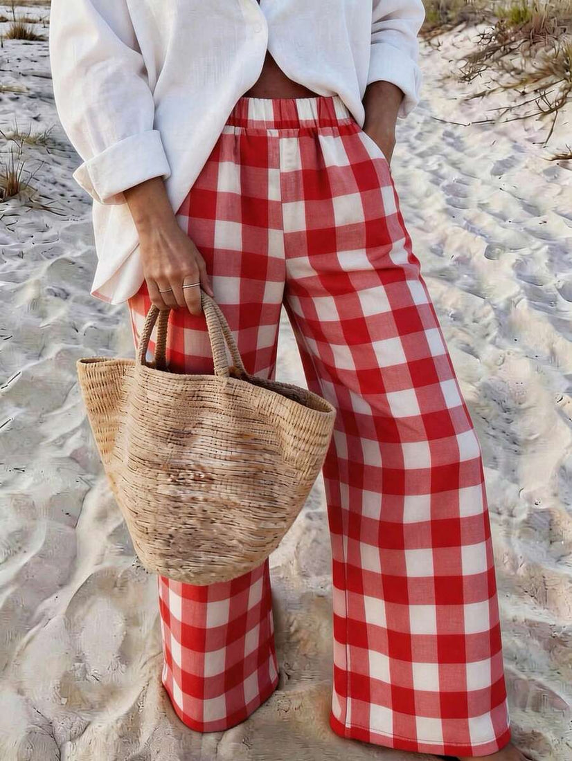 Pantalon long décontracté style vacances pour femmes, à carreaux avec poches et taille élastique, convient pour les vacances, les sorties, les voyages quotidiens, les rassemblements, les activités de plein air